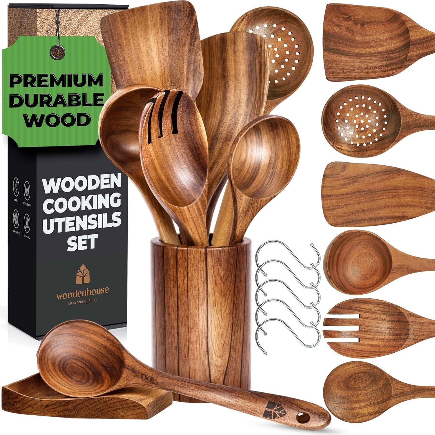 Wooden Utensil Set 8 Pcs – Sturdy & Easy to Clean Natural Teak Wooden Spoons