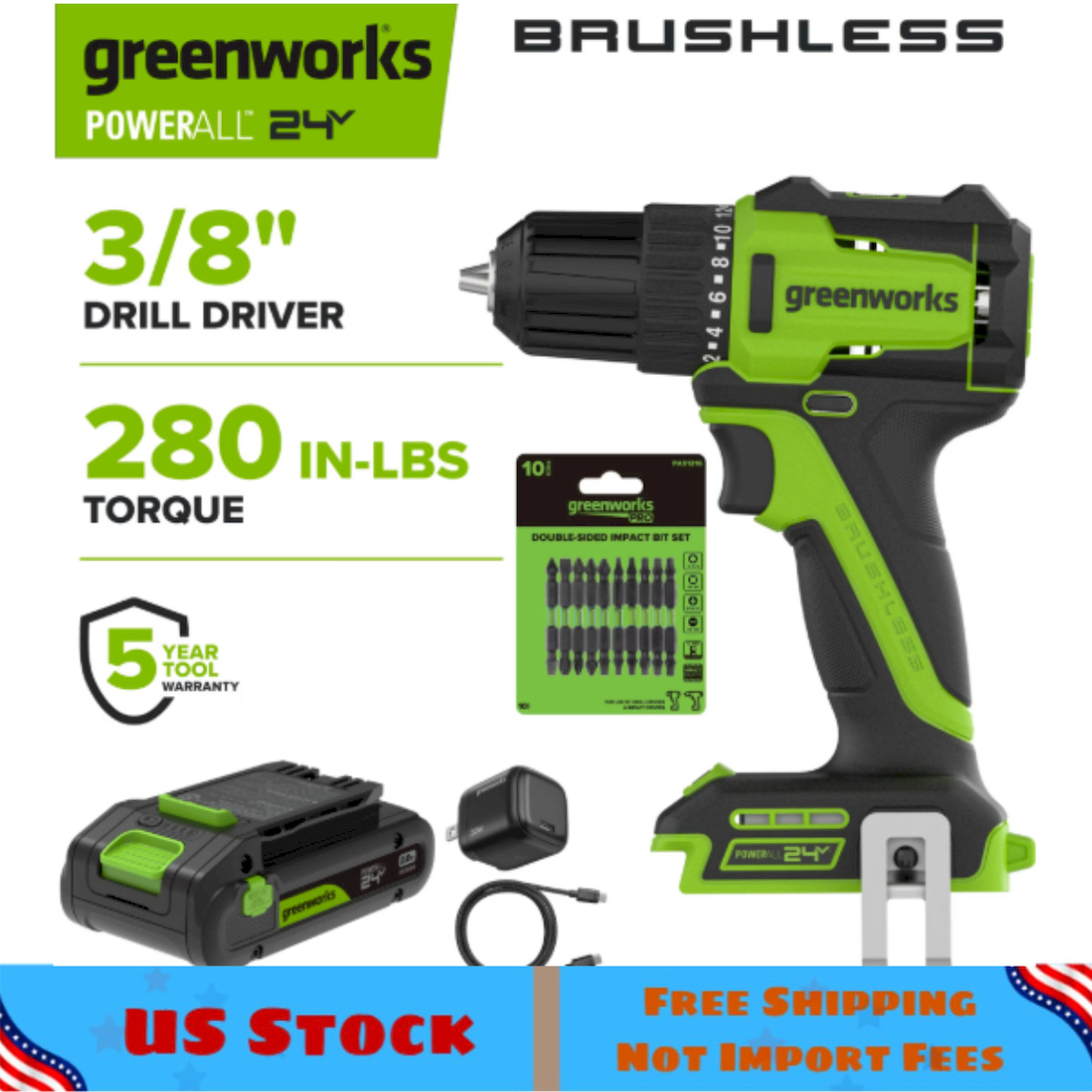 Greenworks 24V Brushless 3/8" Drill 280 in-lb w/ 2Ah Battery DD330A7