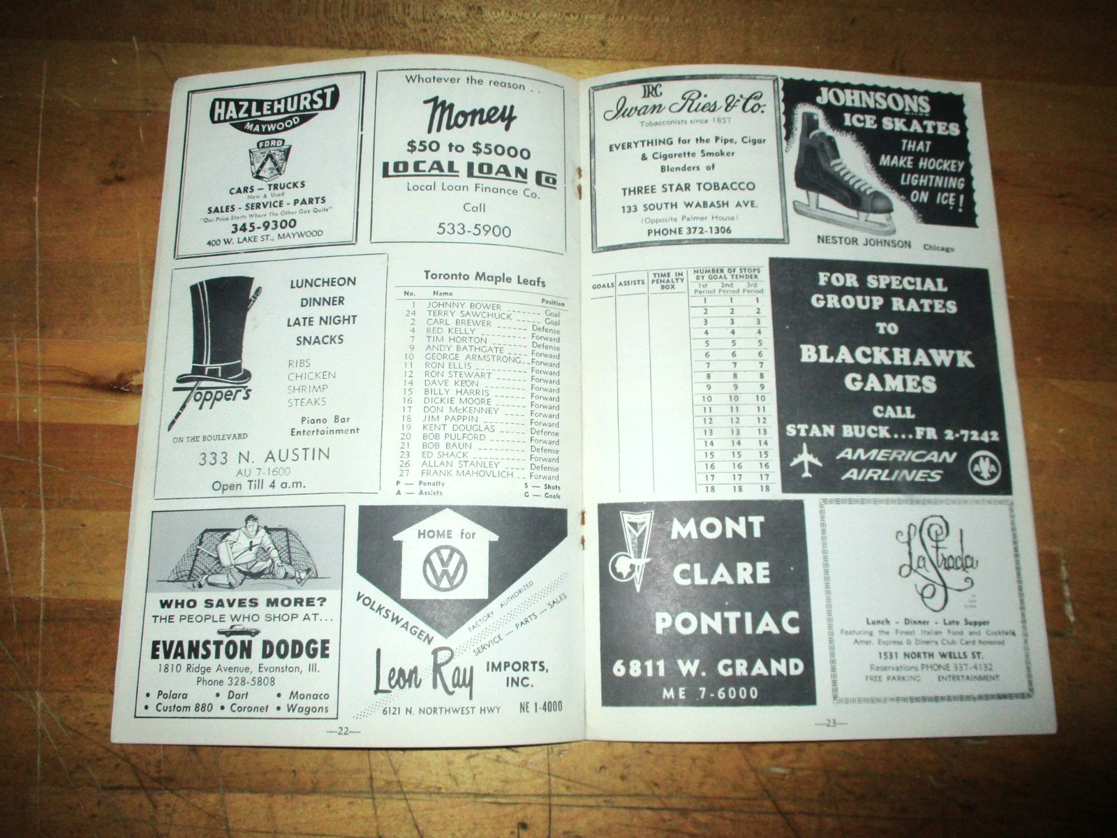 1964 - 65 Chicago Black Hawks Hockey Program vs. Toronto Maple Leafs
