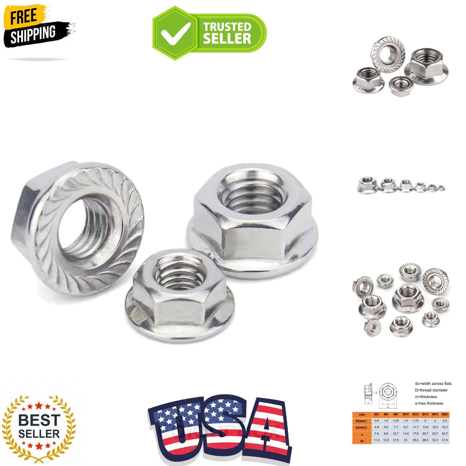 M10-1.5 Serrated Flange Hex Nuts, M10 Hexagon Flange Nuts 304 Stainless Steel...