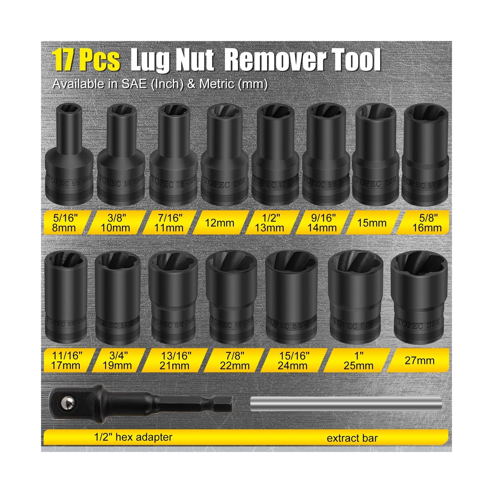 Topec 17Pcs Lug Nut Extractor Set, 1/2" Drive Locking Lug Nut Removal Tool, 8...