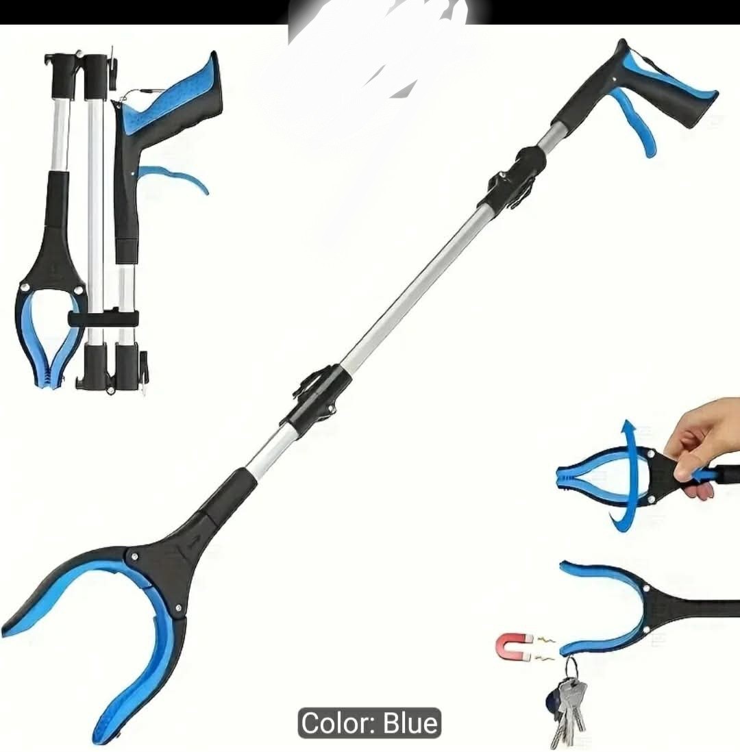Foldable Reacher Grabber Tool Rotating Head Magnetic Tip Aluminum Blue/Black