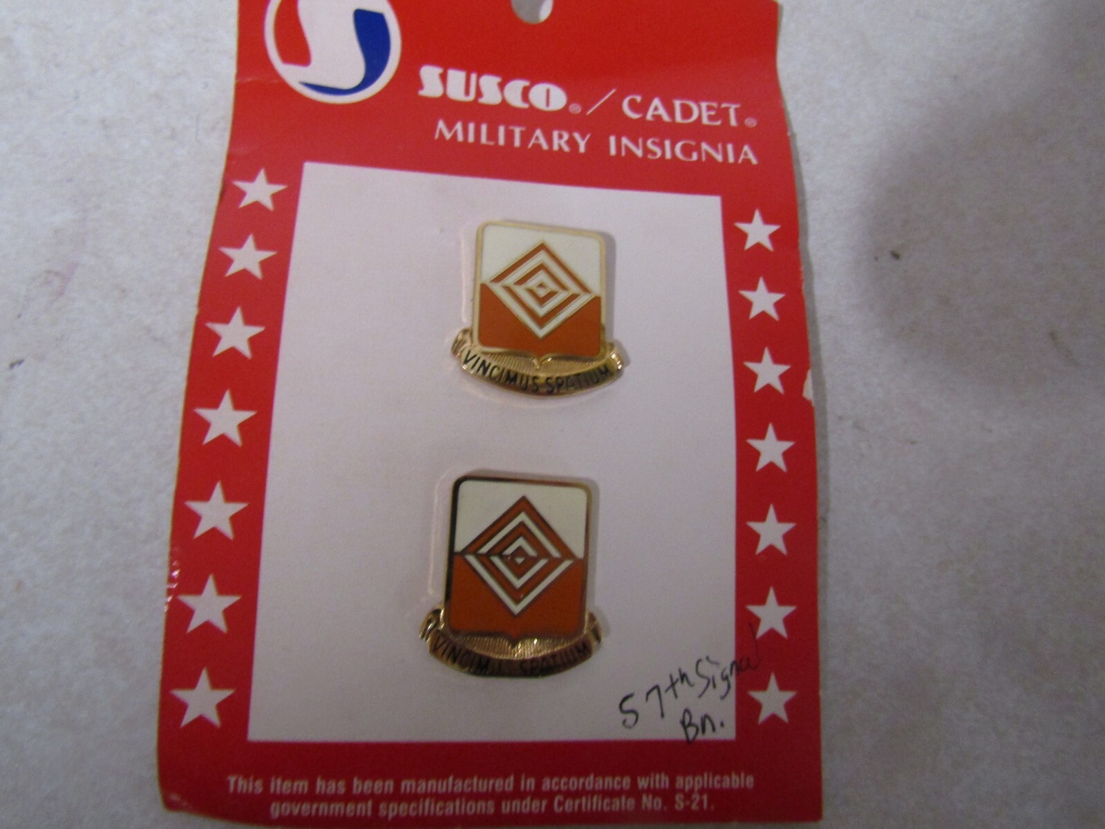MILITARY INSIGNIA SET OF 2 DUI CRESTS 57TH SIGNAL BATTALION BRAND NEW