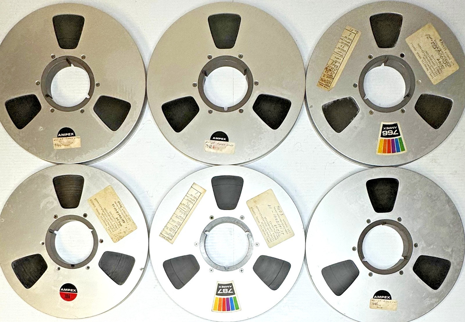 Ampex 766 10.5” Aluminum Tape Reels Lot of 6 w/ Data Labels Vintage Instrumentat