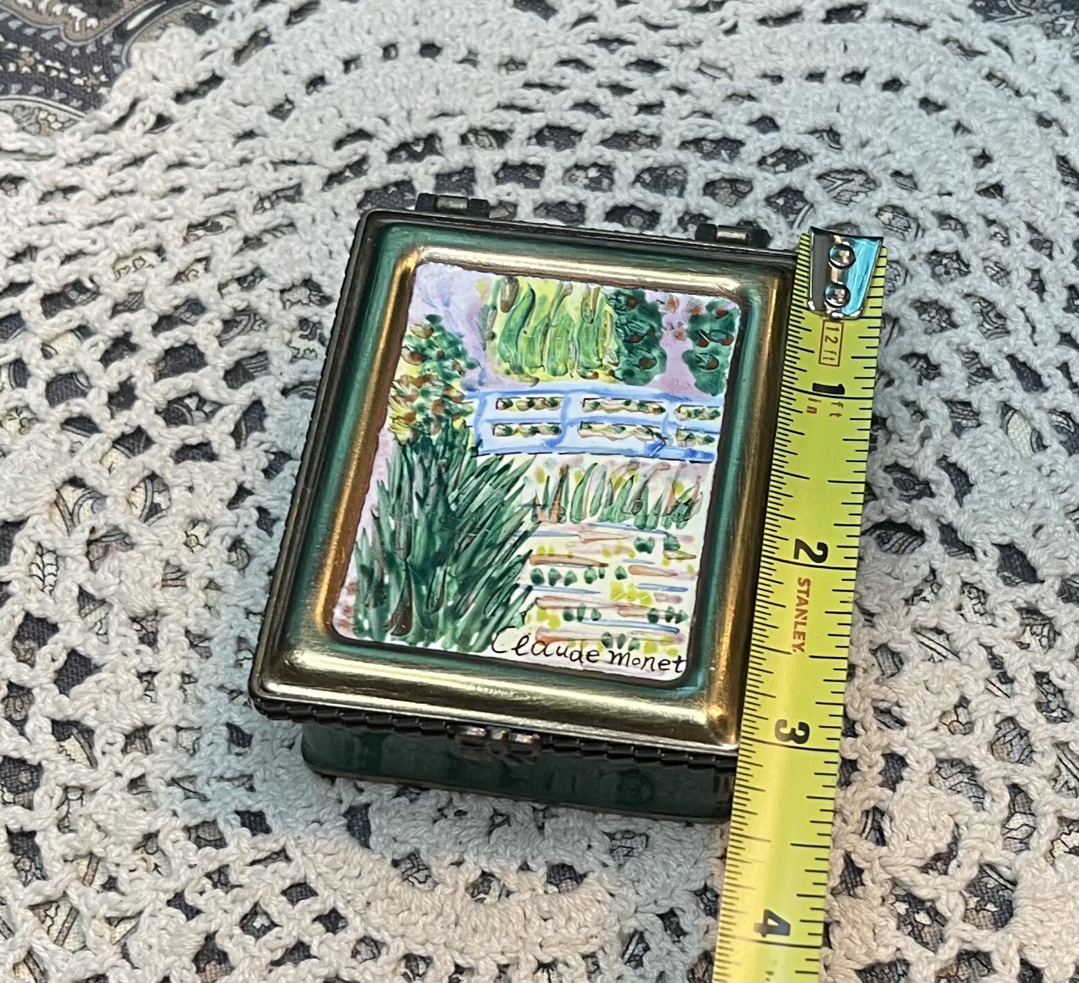 Enameled Painted Fabric Lined Brass Trinket Box