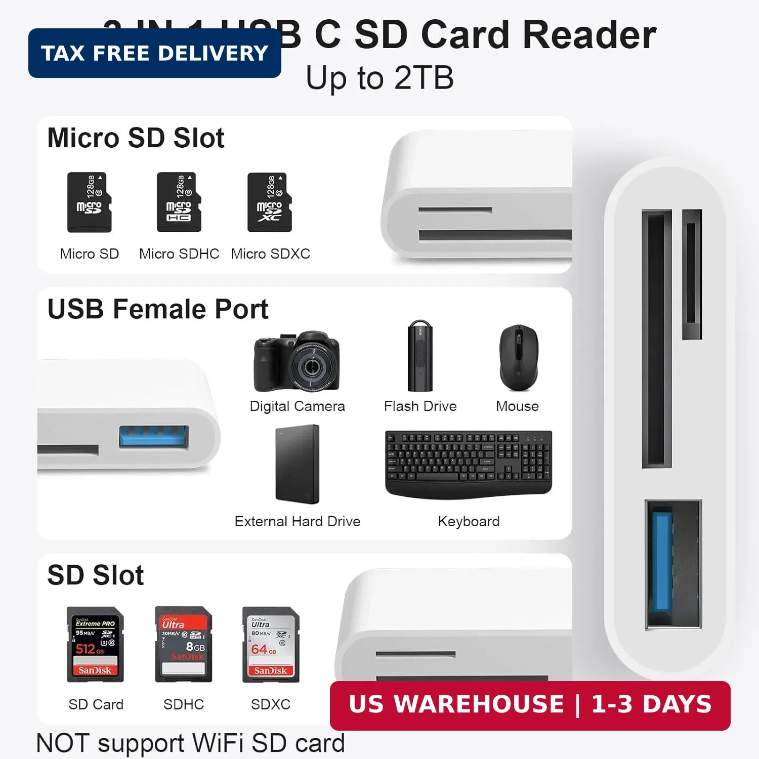 SD Card Reader for iPhone, 3-in-1 Lightning to SD Card Reader Micro SD Digital C