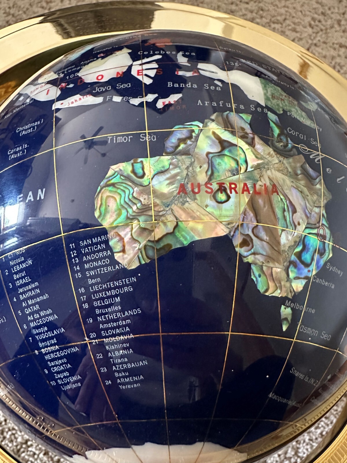 NEW GEMSTONE TABLETOP GLOBE BLUE LAPIS OCEAN BRASS TRIPOD COMPASS WORLD MAP