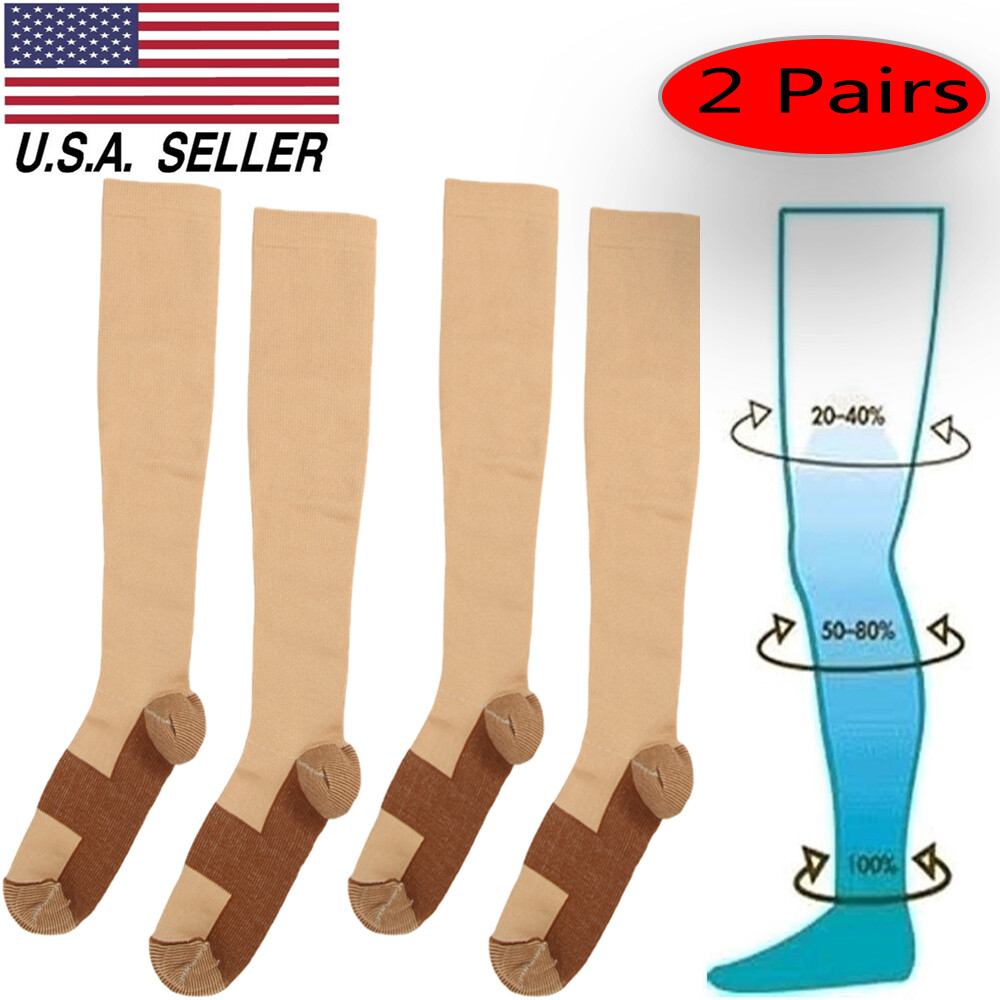 2 Pairs Compression Socks Copper 20-30mmHg Graduated Support Mens Womens S-XXL