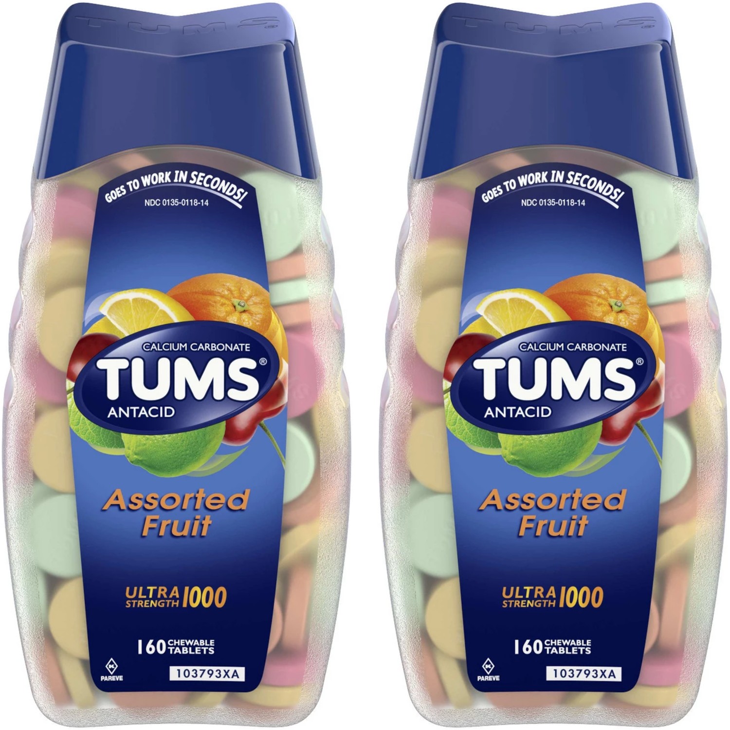 2 Pack Tums Antacid Calcium Ultra Strength 1000 Assorted Fruit 160 Tablets Each
