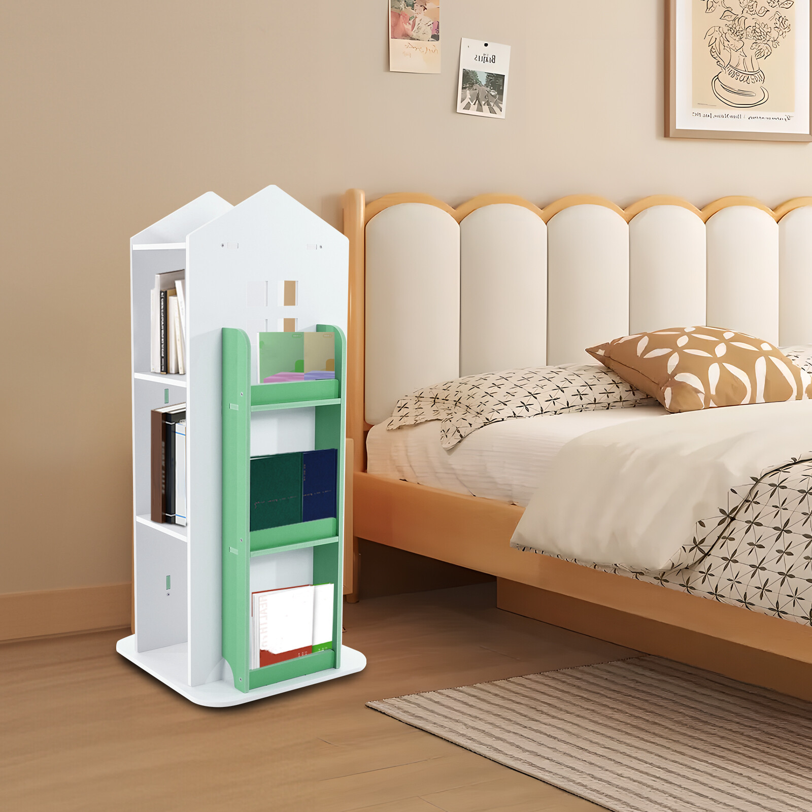 4 Tiers 360° Kids Green Castle Rotating Bookshelf Home Office Furniture Bookcase