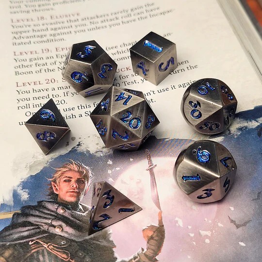 💎 Silver with Blue Mica | Metal DnD Dice Set | Dungeons &Dragons RPG