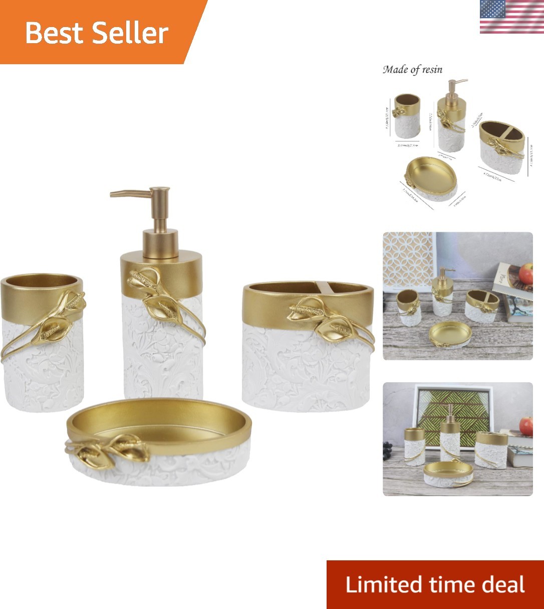Luxury 4-Piece Calla Gold Bathroom Accessories Set - Modern Farmhouse Style