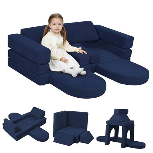 Kids Modular Play Couch – 10-Piece Navy Foam Sofa Solid Plush Midnight Navy