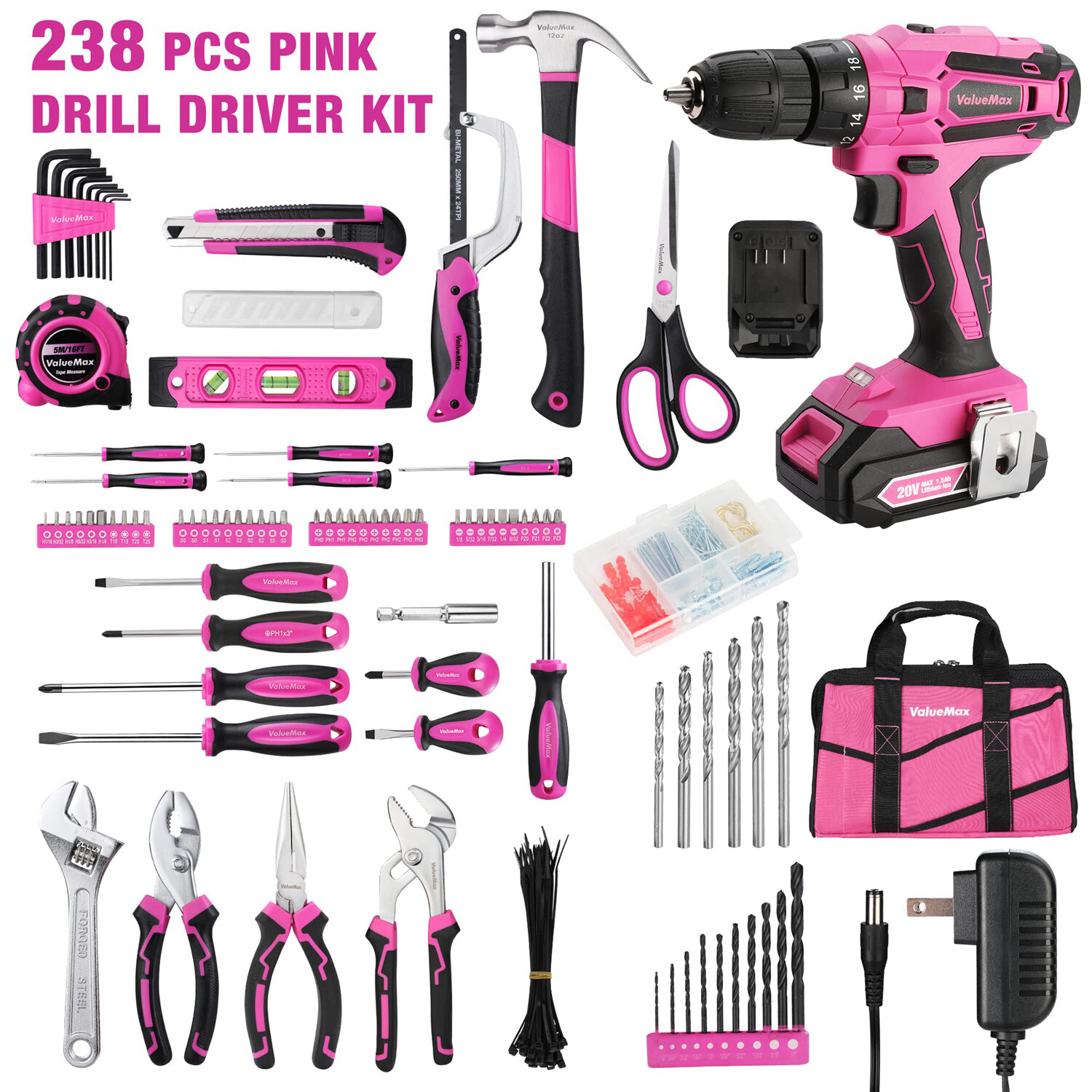 ValueMax 238PC Pink Tool Set Home Tool Kit 20V Cordless Drill Tool Set Drill Set