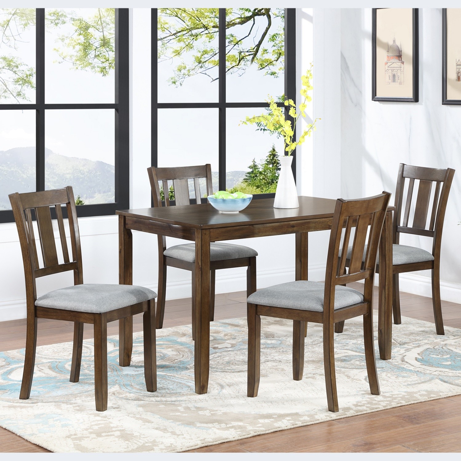 Modern 5-Piece Dining Table Set w/ Wood Table & 4 Upholstered Chairs Walnut/Gray
