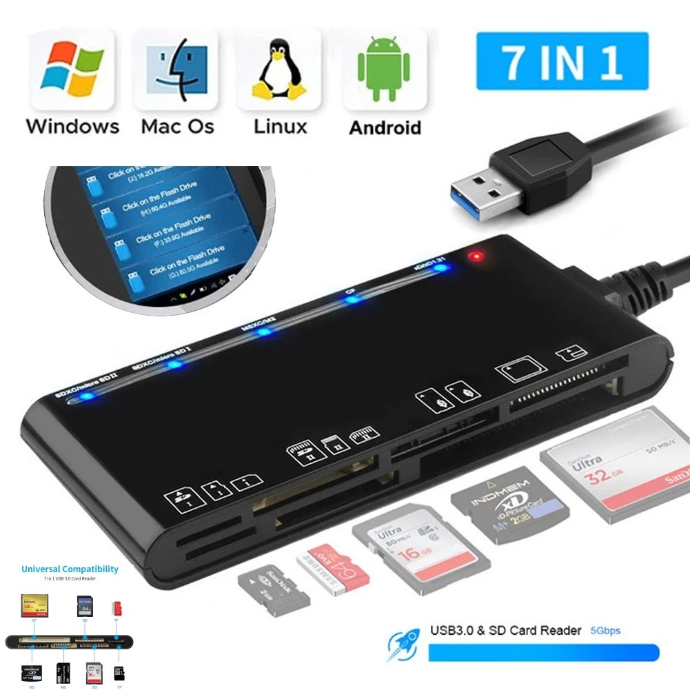 7-in-1 USB C Card Reader with USB 3.0 Adapter or SD/Micro SD/CF for MacBook, PC