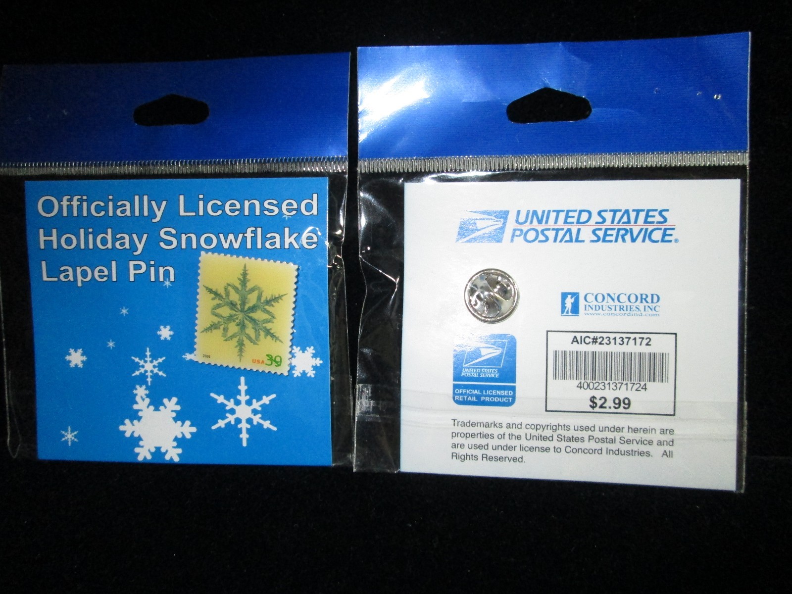 USPS Postage Stamp Pin - Christmas - 39 Cents - 1" Snowflake - MIP