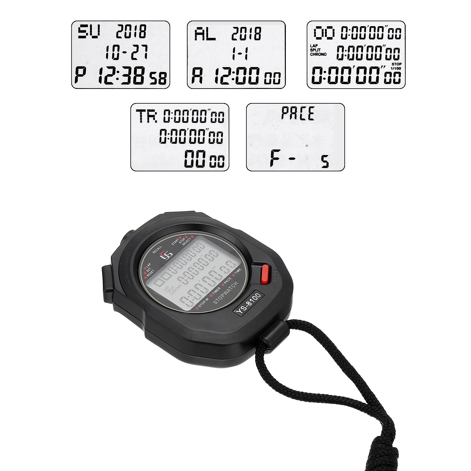 Professional Sport Stopwatch Timer 100 Lap Memory 0.01 Second Timing Black