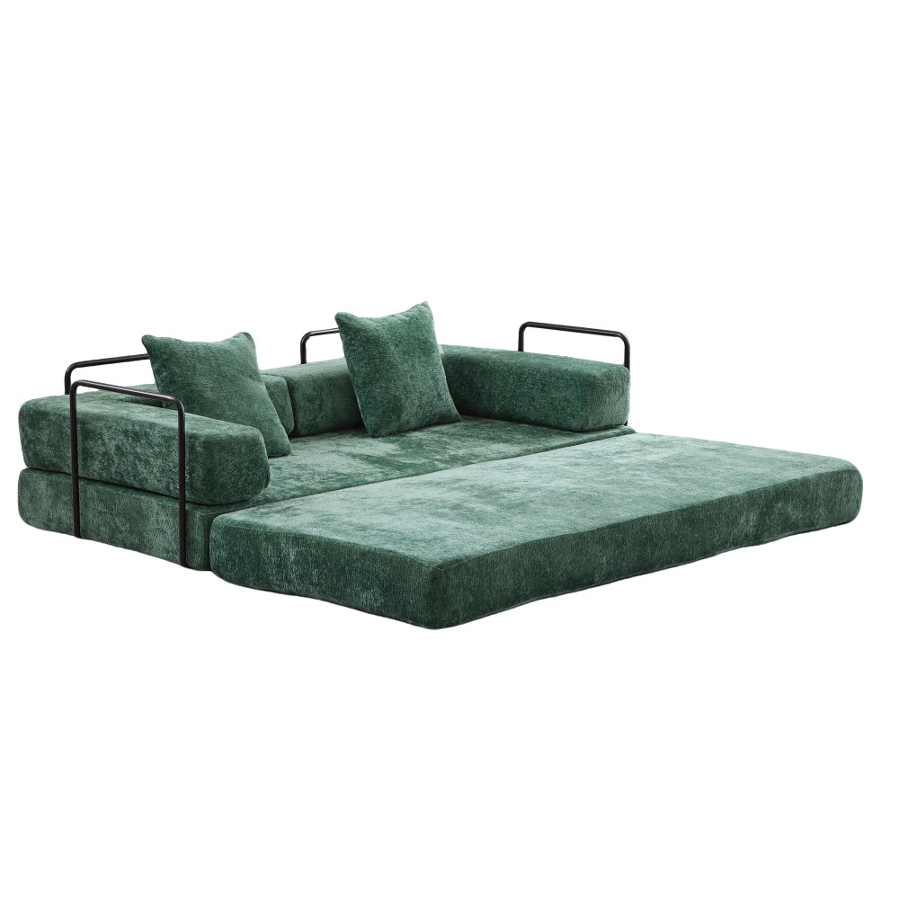Memory Foam Foldable Sofa Bed 3-Seat Futon for Living Room, Dark Green Chenille