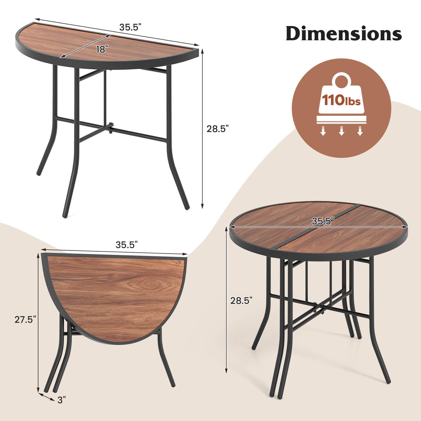 Half-Round Folding Event Table Foldable Banquet Table with Metal Frame Brown