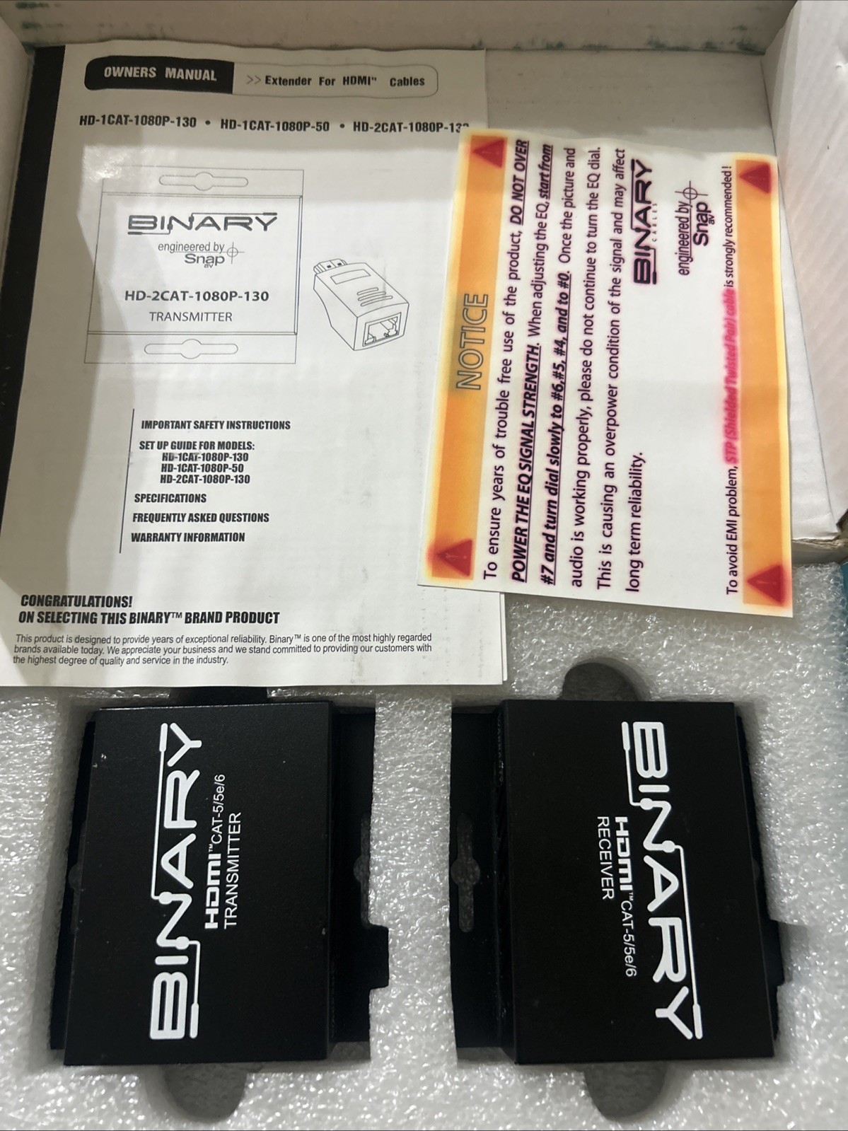 Binary HDMI Extender HD-2CAT-1080P-130 Transmitter and Receiver