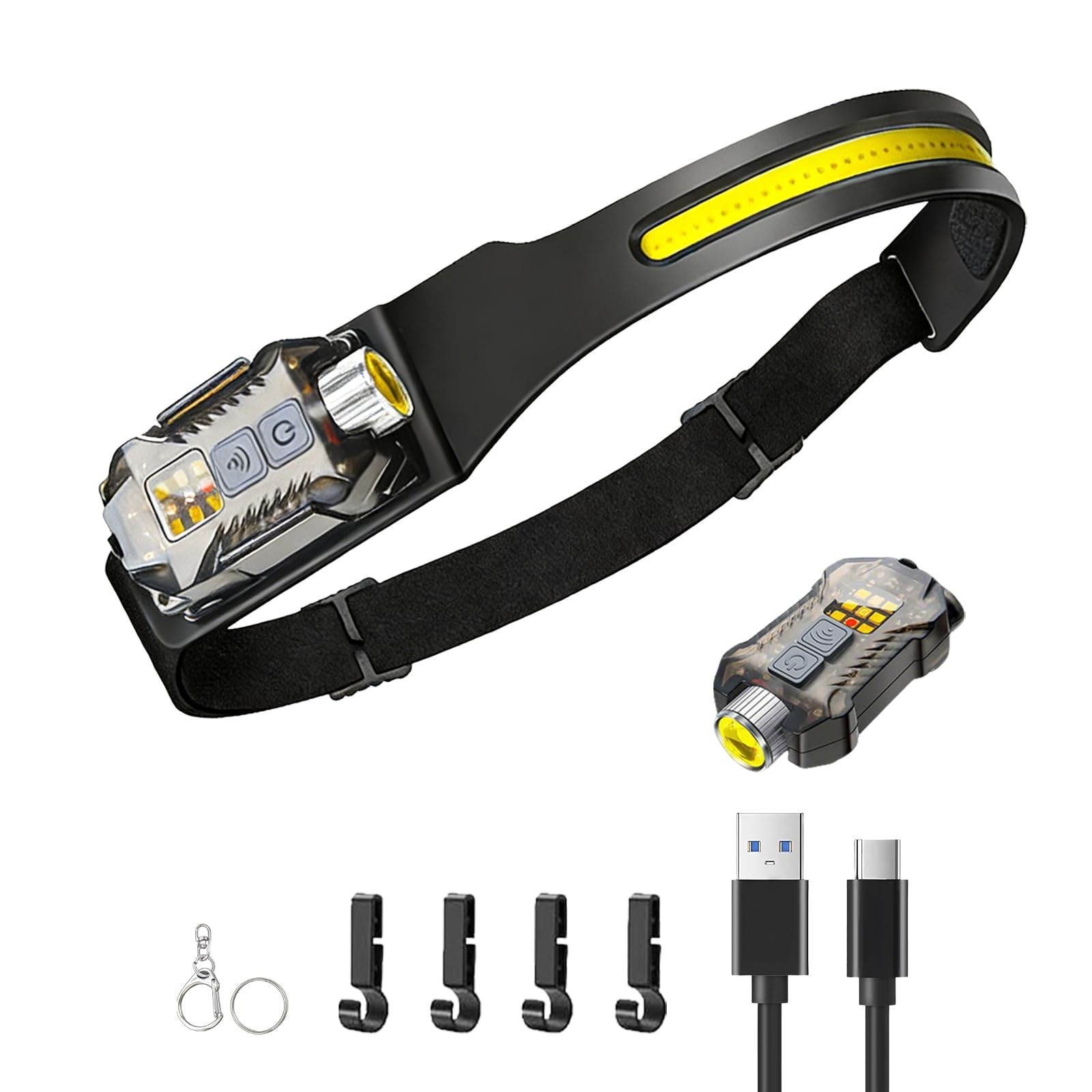 Headlamp Rechargeable LED Head Lamp with Motion Sensor, 2 230 degrees, Black
