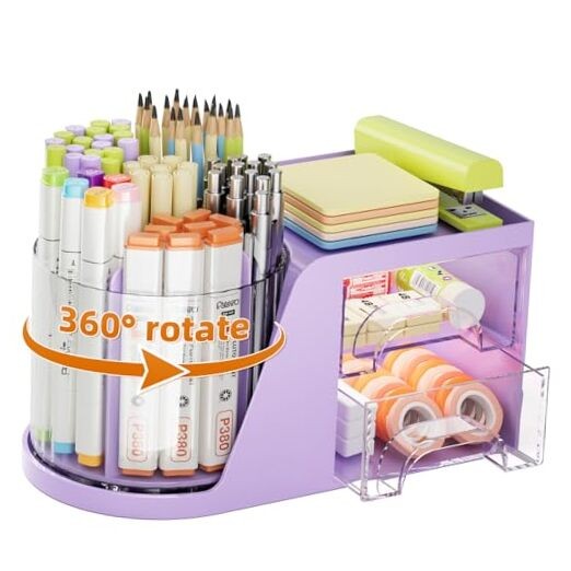 Desk Organizer with 2 Drawer, 360°Rotating Pen Holder, Desk Organizers Purple