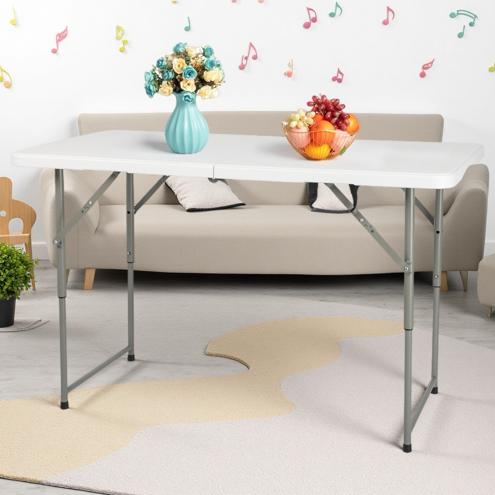 Folding Camping Table 4ft - Adjustable Heavy Duty Patio Picnic Aluminum White