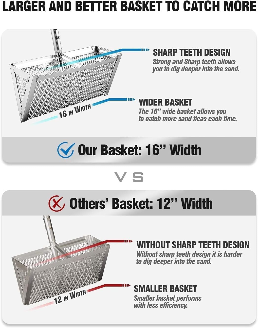 Efficient Sand Flea Rake, Wide Basket Design, 52" Handle