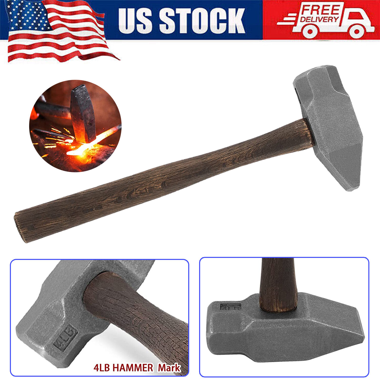 Blacksmith 4LB Forge Hammer for Farrier Knife Making Handmade Forging Tool USA