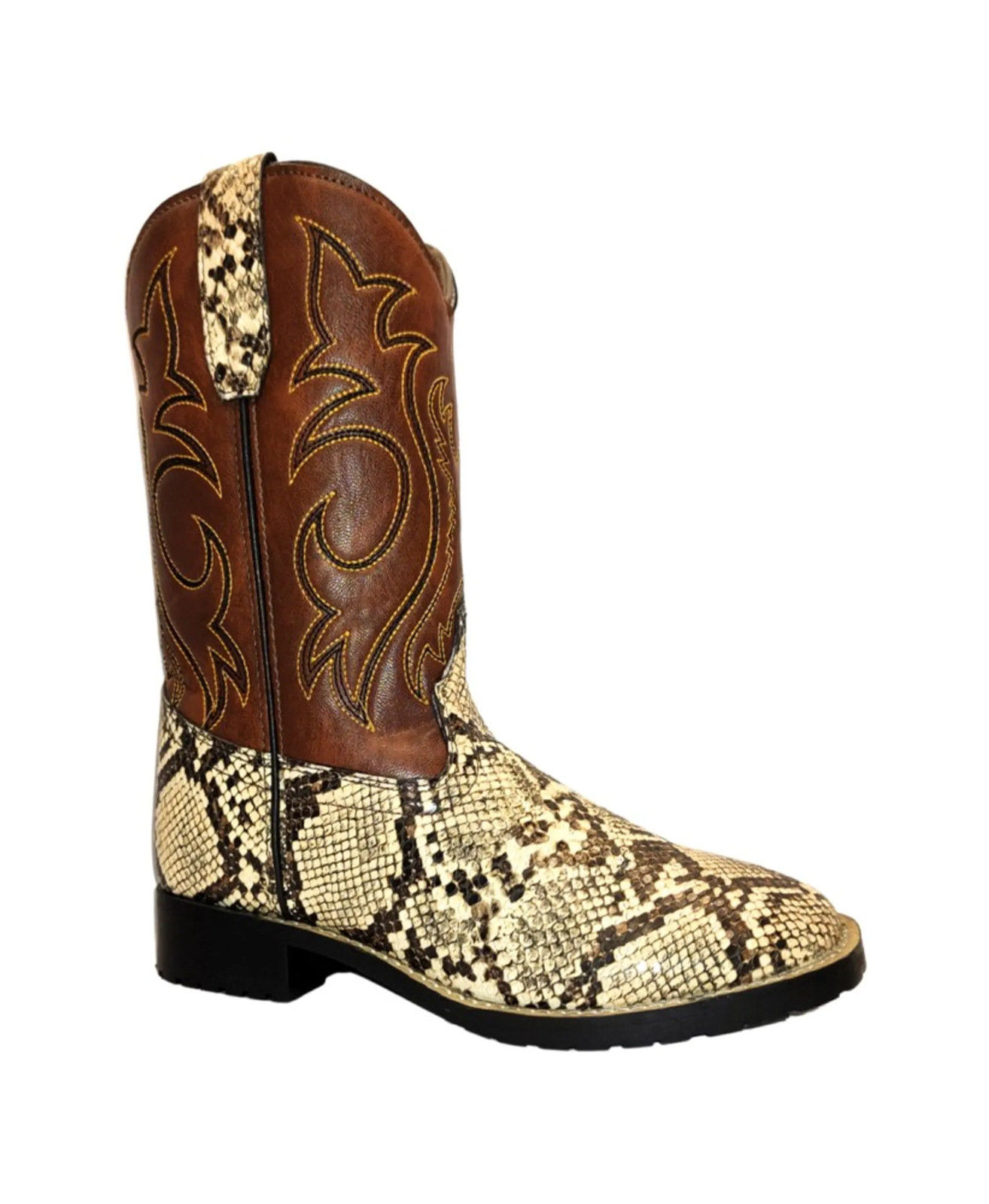 TuffRider Youth Mesa Square Toe Western Cowboy Boots Brown w/ Snakeskin 7Y