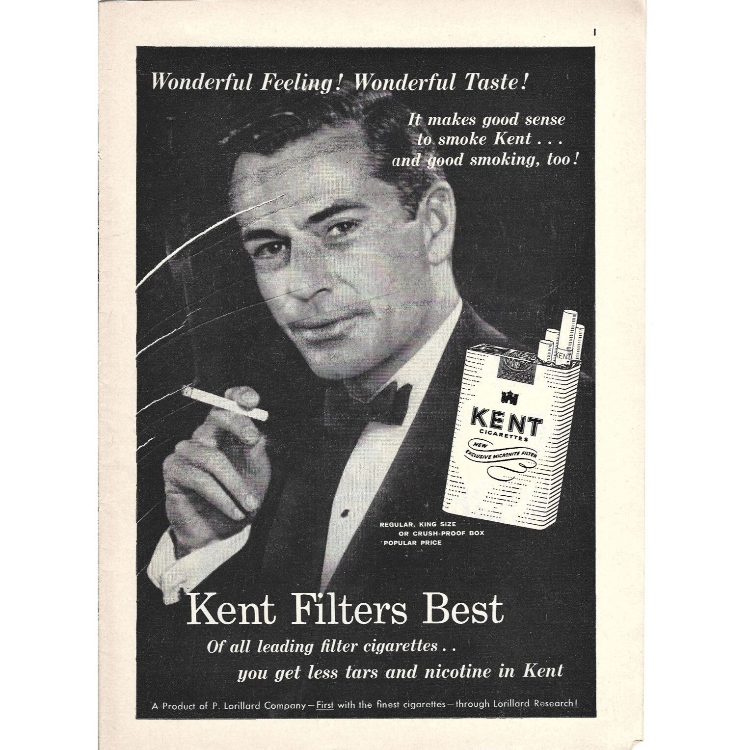 Kent Cigarette Ad Man in Tuxedo 1950s Vintage Print Ad 9 inch Tall WRINKLES
