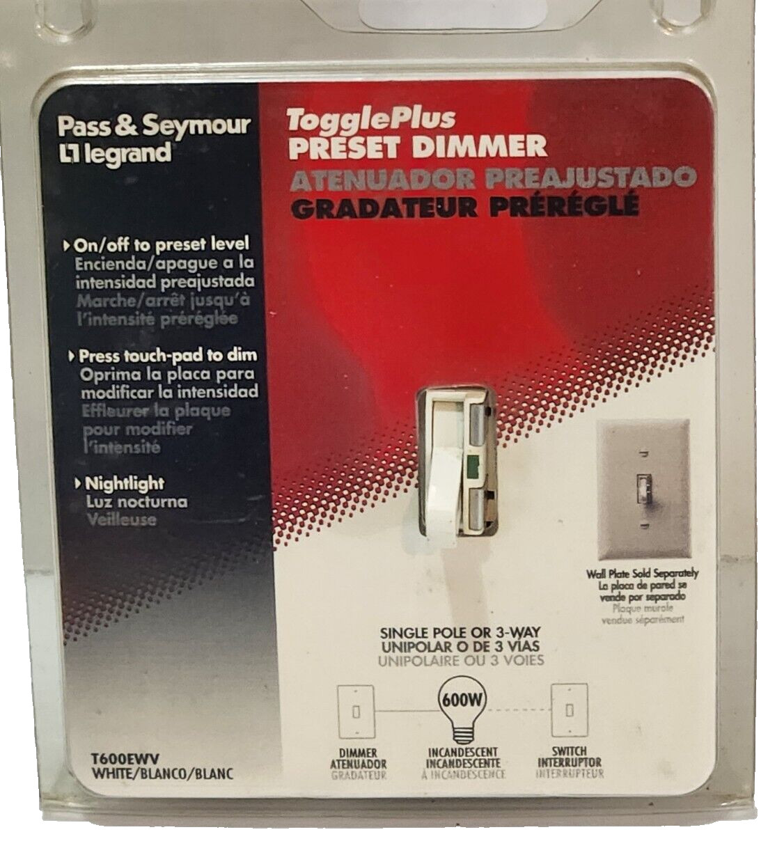 Legrand Pass Seymour T600EWV Toggle Preset Dimmer  Single Pole or  3 Way New