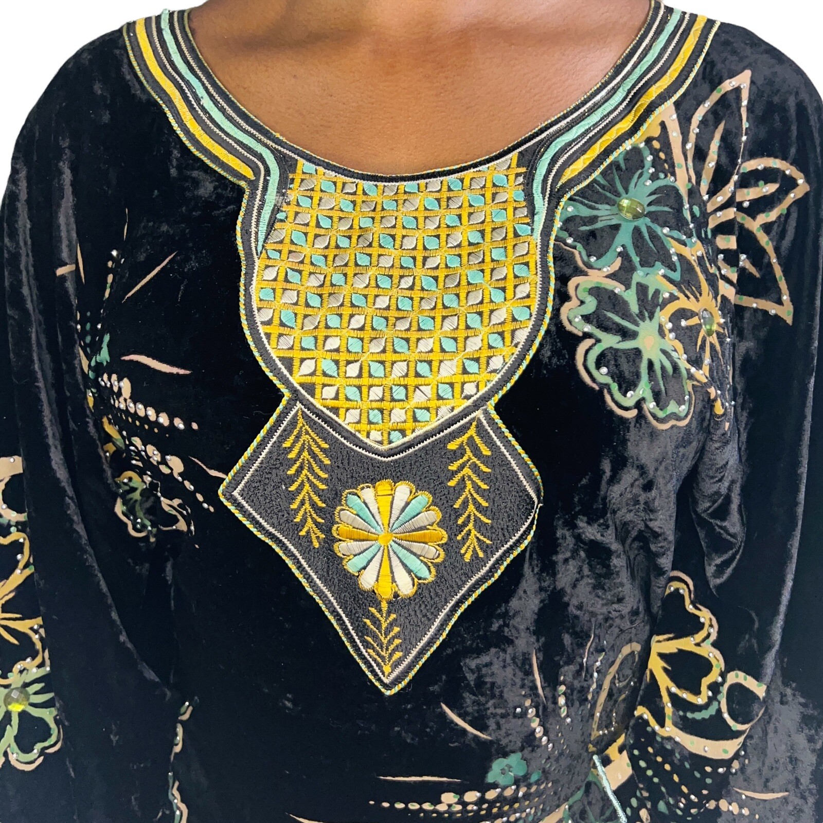 Black Velvet Women Caftan Butterfly Blouse with Rhinestones