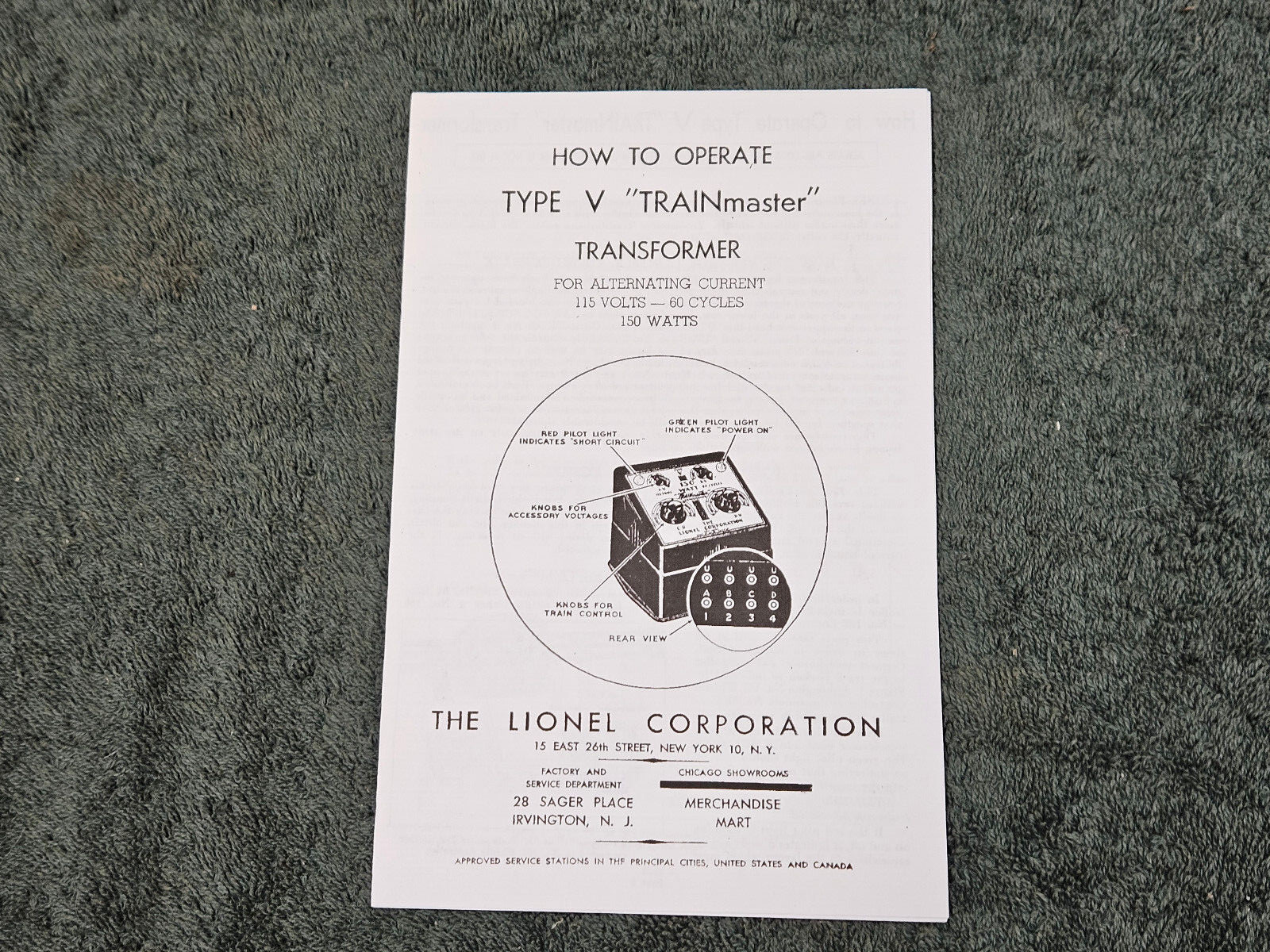 LIONEL TYPE V TRANSFORMER 150 WATTS INSTRUCTIONS PHOTOCOPY