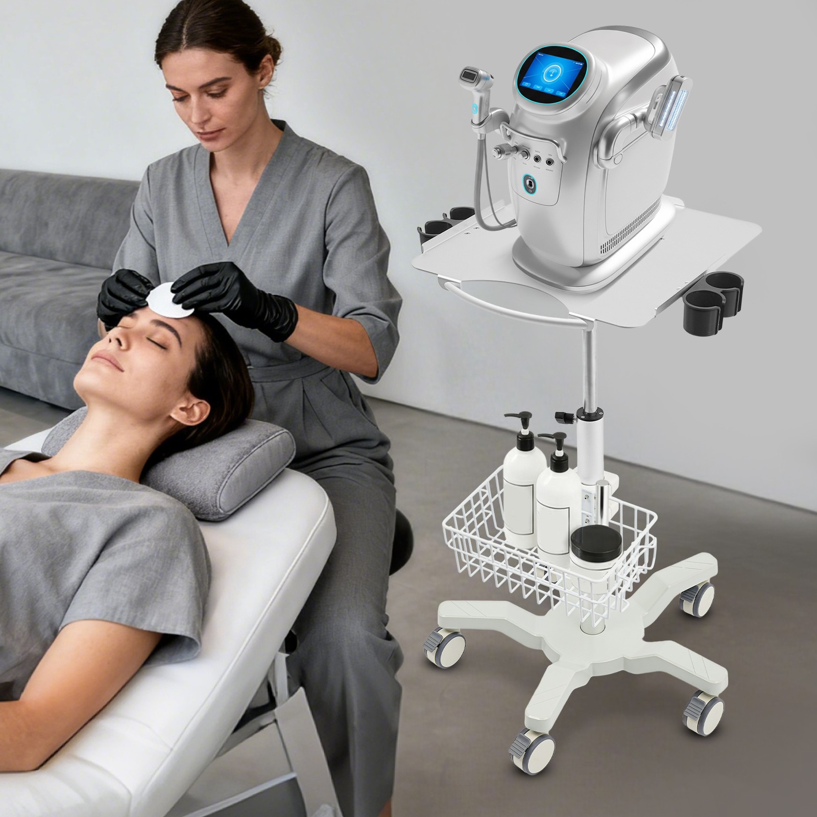 Metal Rolling Medical Cart 5-Wheel Mobile Medical Cart 62-97cm Height Adjustable