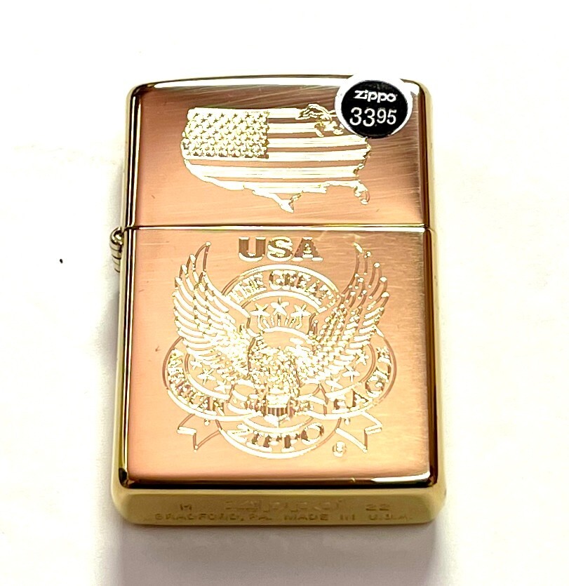 Zippo Lighter 254B Gold Great America Eagle with US Map Laser Lettering Pattern