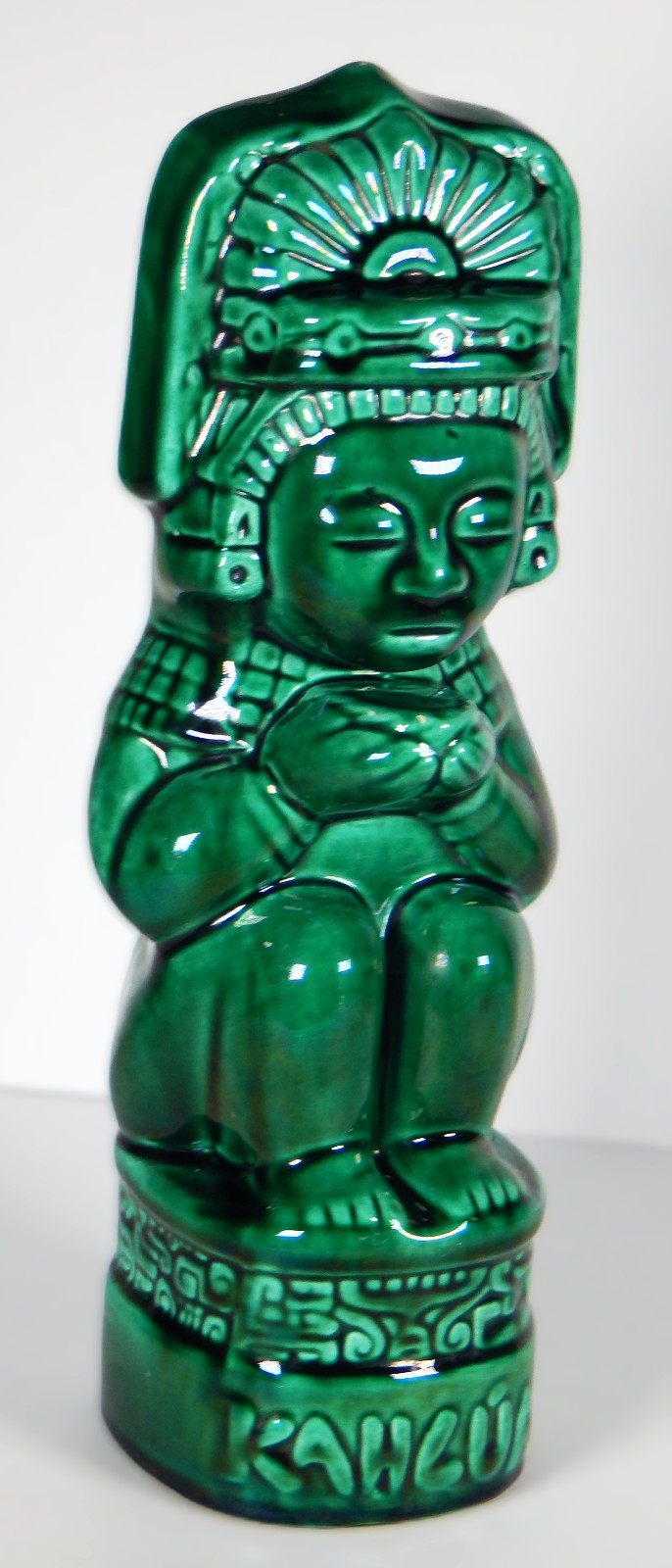 1937 AZTEC KAHLUA BOTTLE DECANTER HAND MADE CERAMIC GREEN TIKI K&B EMPTY LABEL