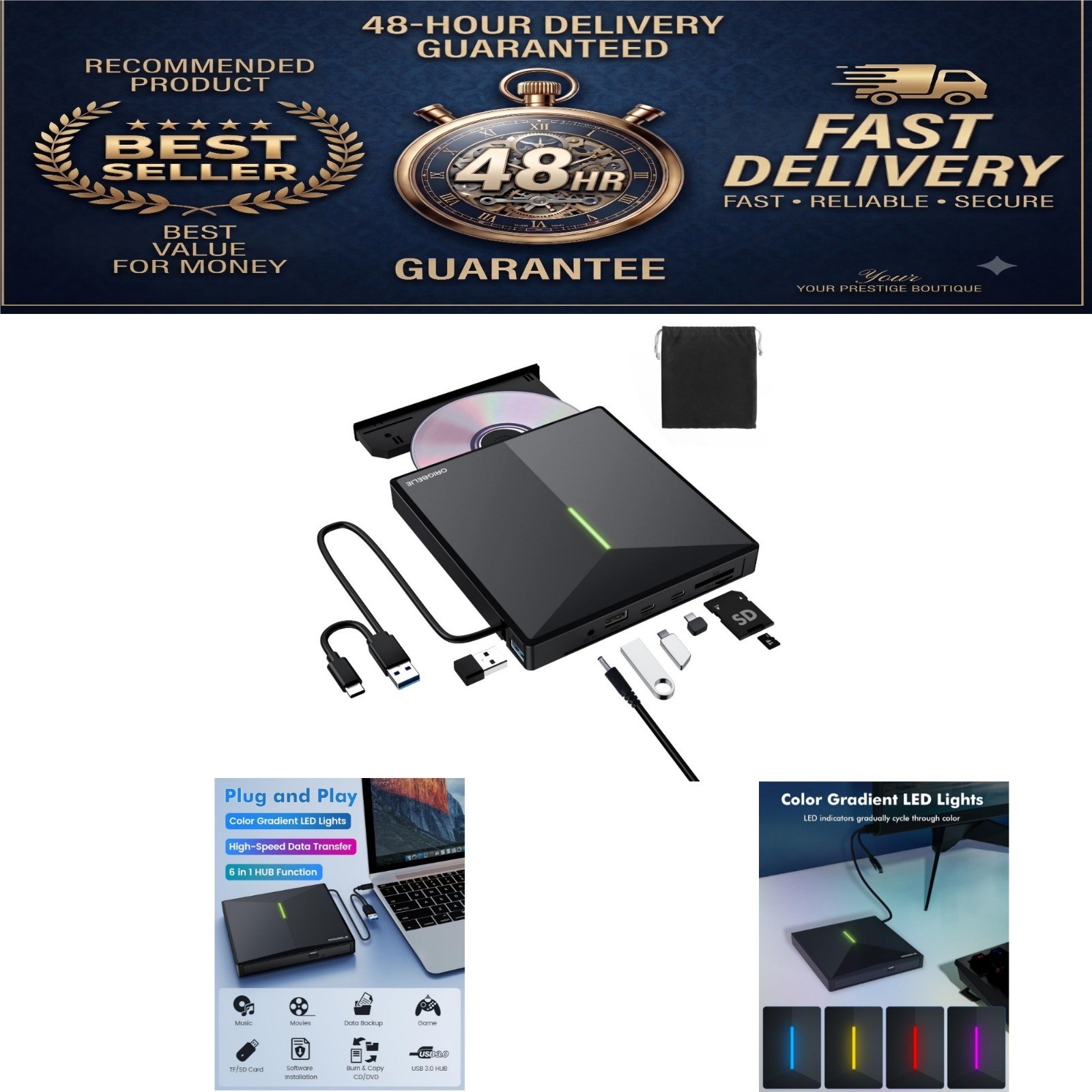 ORIGBELIE External CD/DVD Drive USB 3.0 with Card Reader & 4 USB Ports