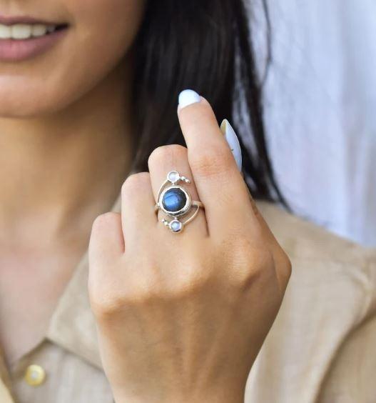 Moonstone & Labrador Ring Solid 925 Silver Handmade Women Ring All Size SR273