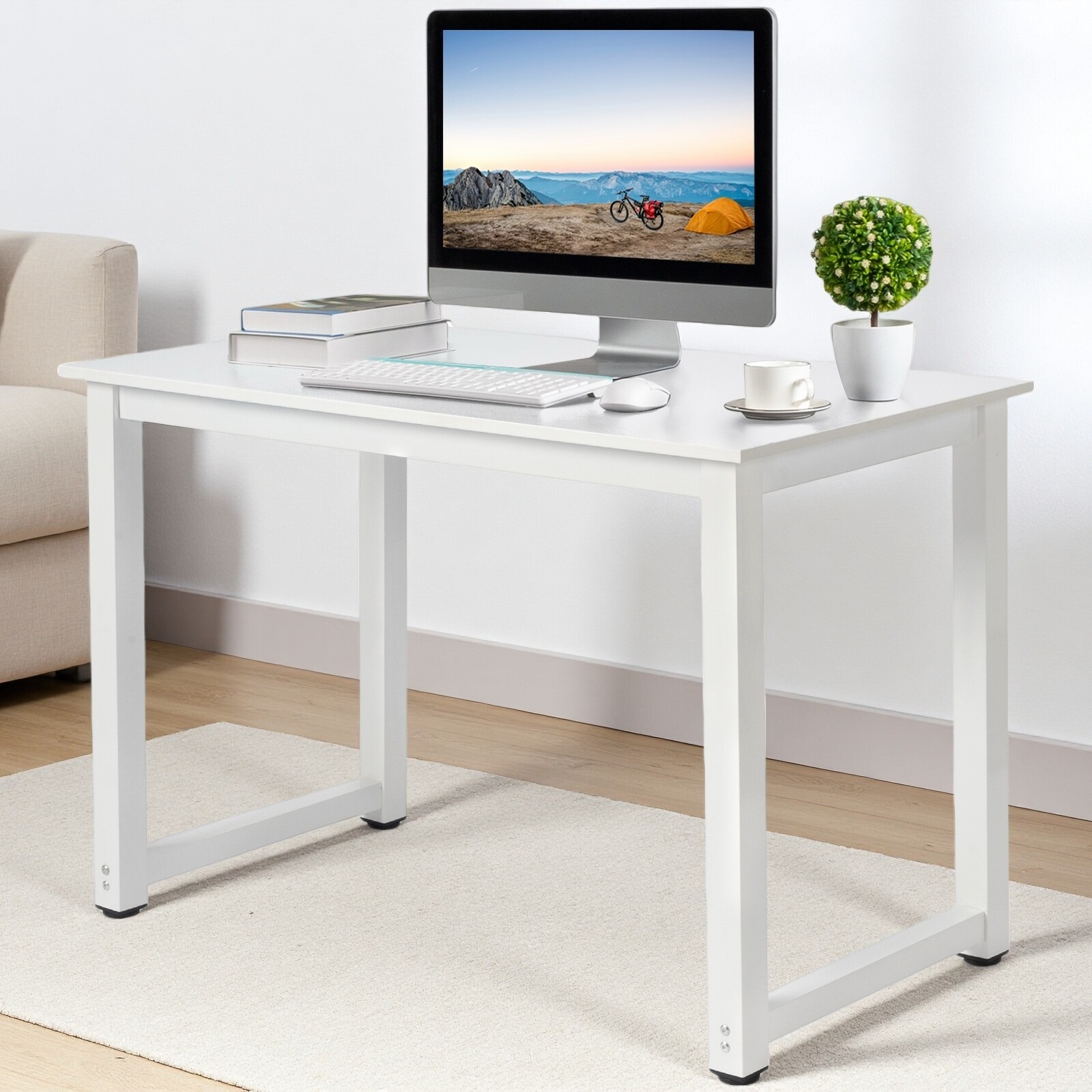 Simple Computer Desk - Portable, White, Steel White Frame & Adjustable Foot Pad