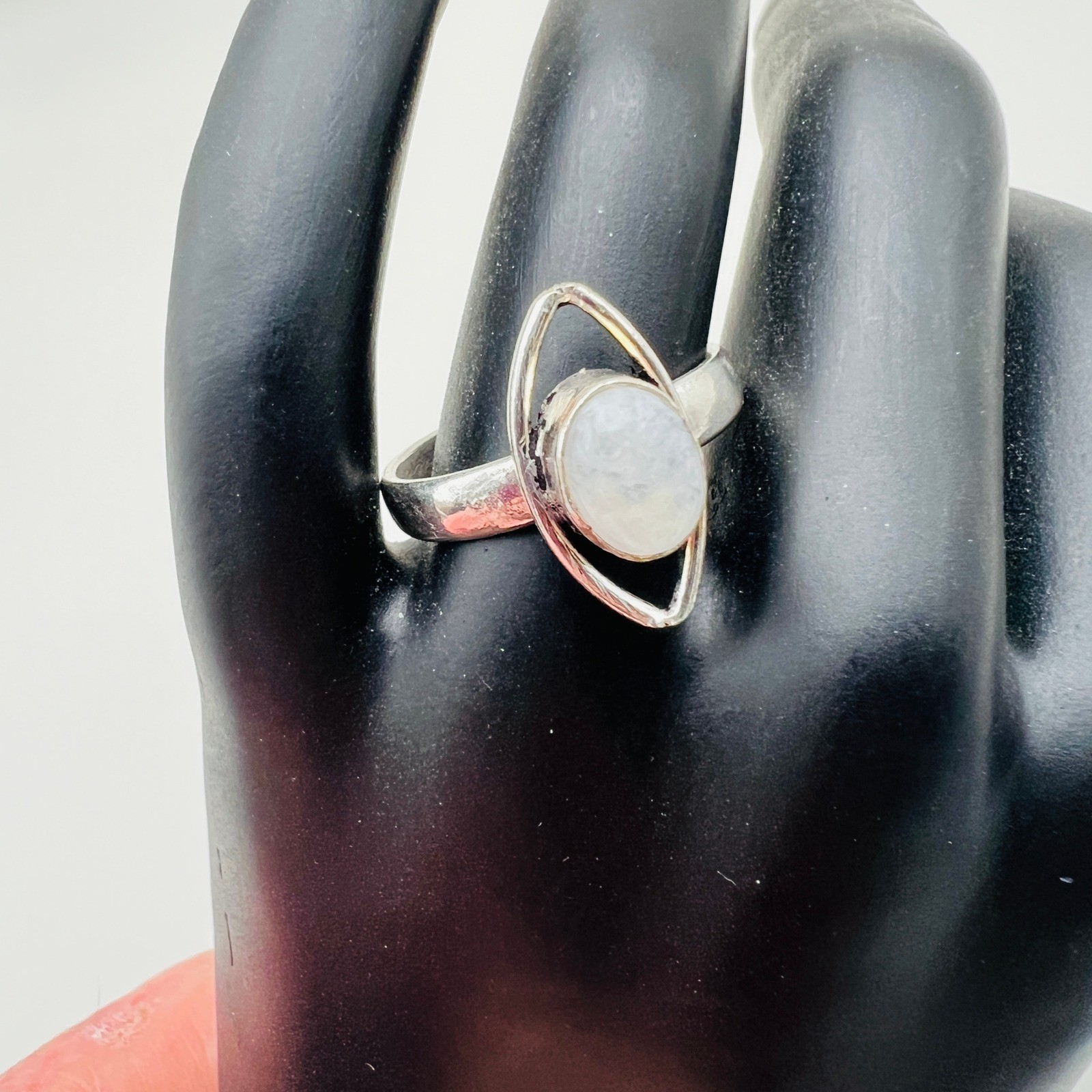 Silver Tone Ring Oval White Cabochon Modern Artisan Boho Statement Size 9 1/4
