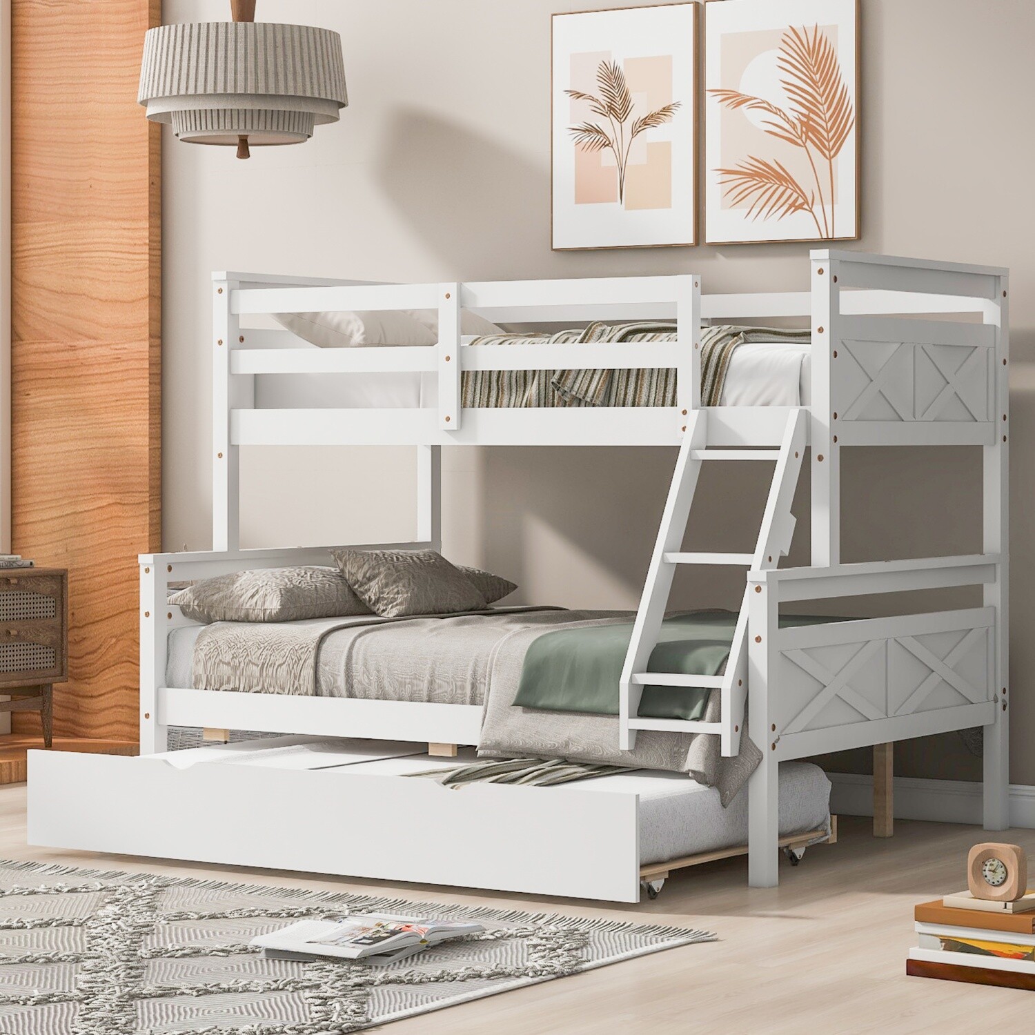 Twin Over Full Wood Bunk Bed Convertible Bed Frame w/ Trundle & Ladder
