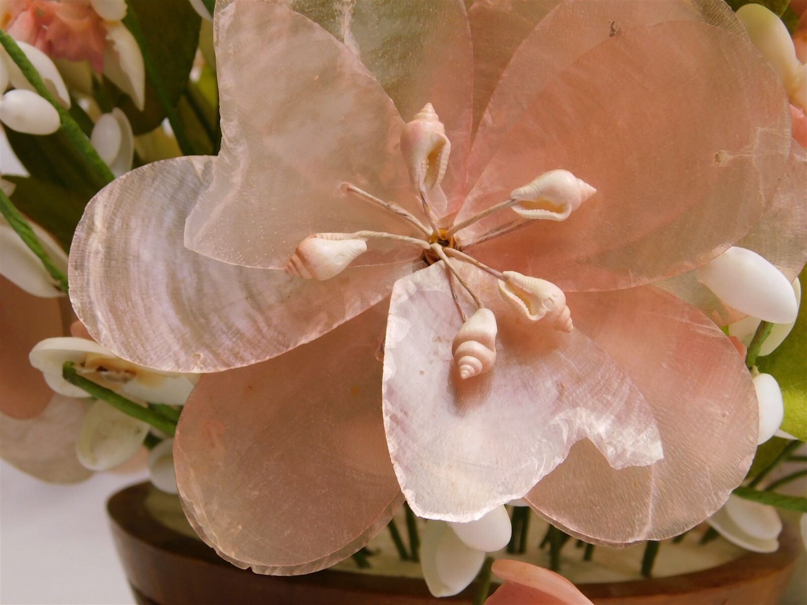 Vintage Capiz Shell Pink Accent Flower Bouquet in Wood Planter HAWAII
