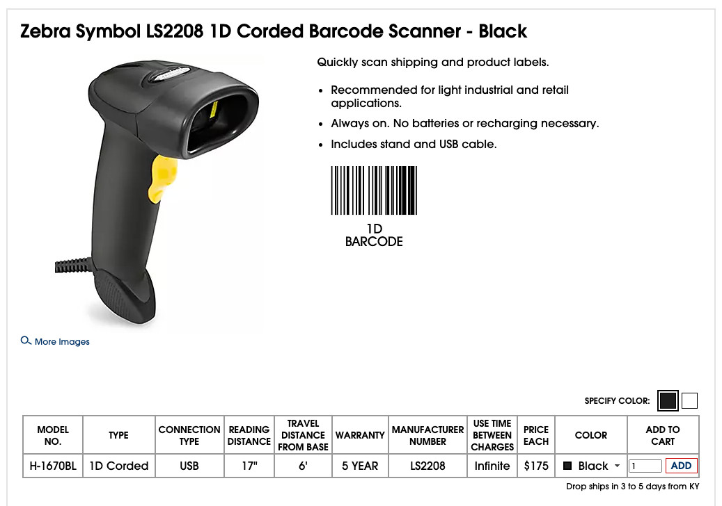 Zebra LS2208 Barcode Scanner - LS2208-SR20007R-NA