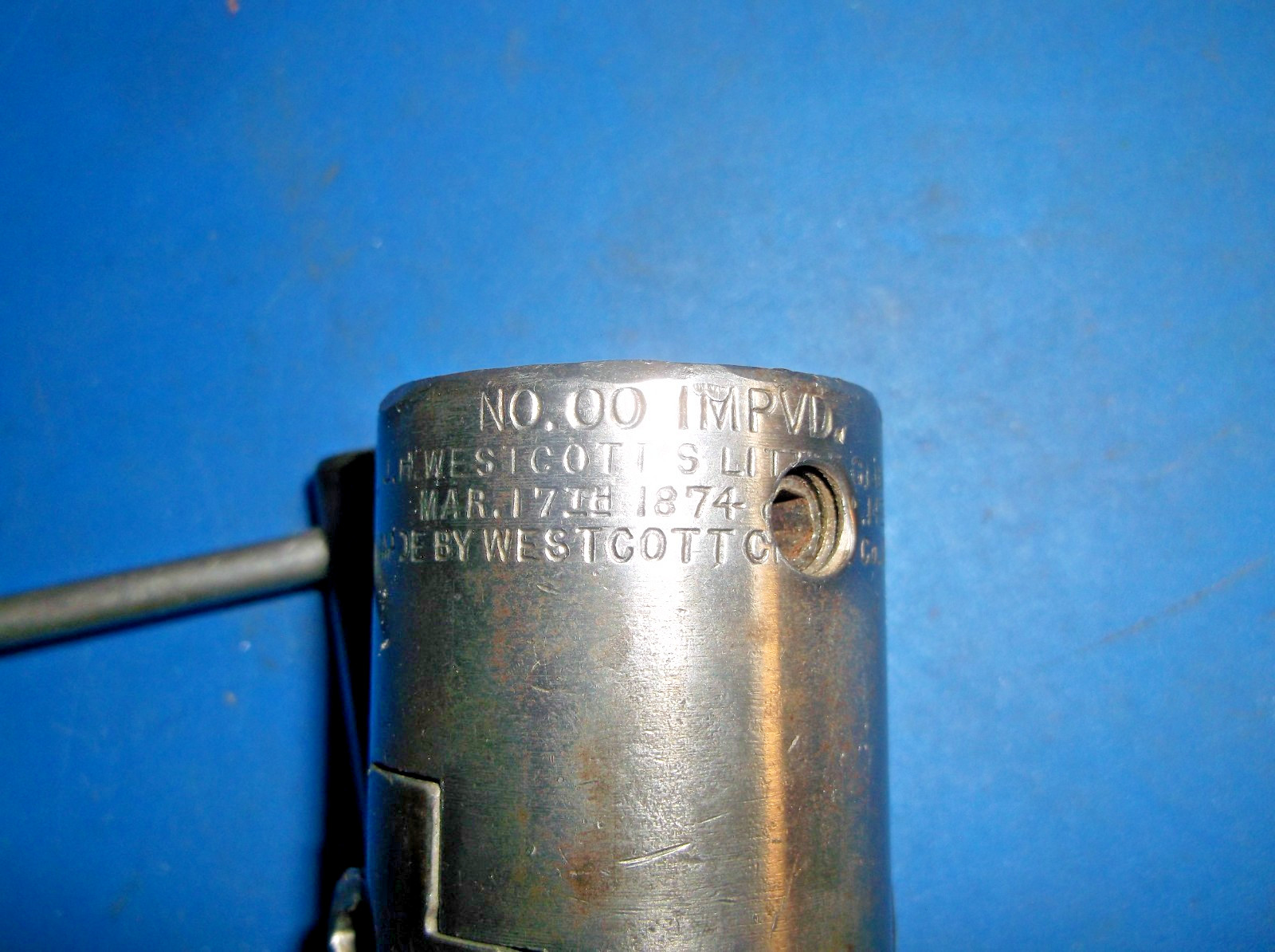 ANTIQUE (WESTCOTT CO.) 1/4" DRILL CHUCK AND KEY MARKED (MAR. 17TH 1874)