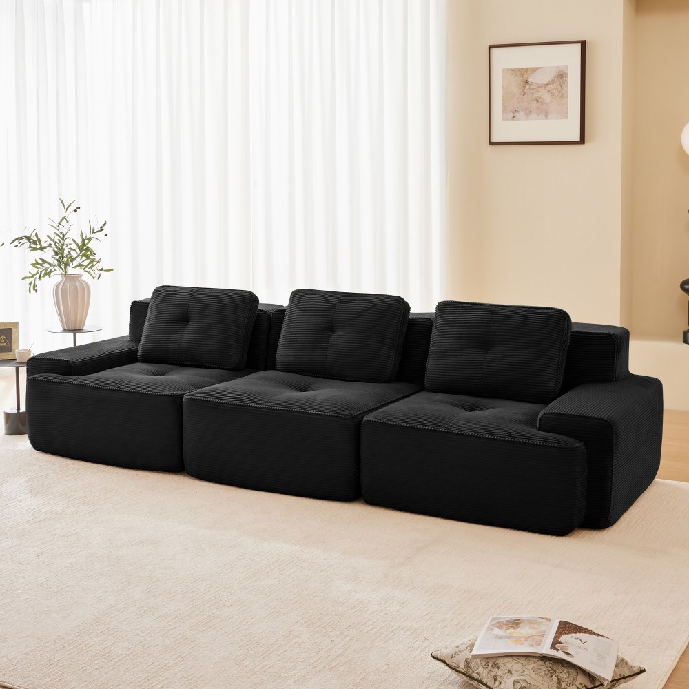 117" Modern Modular Sofa w/ Deep Seat, Tufted Design, Corduroy Fabric, Black