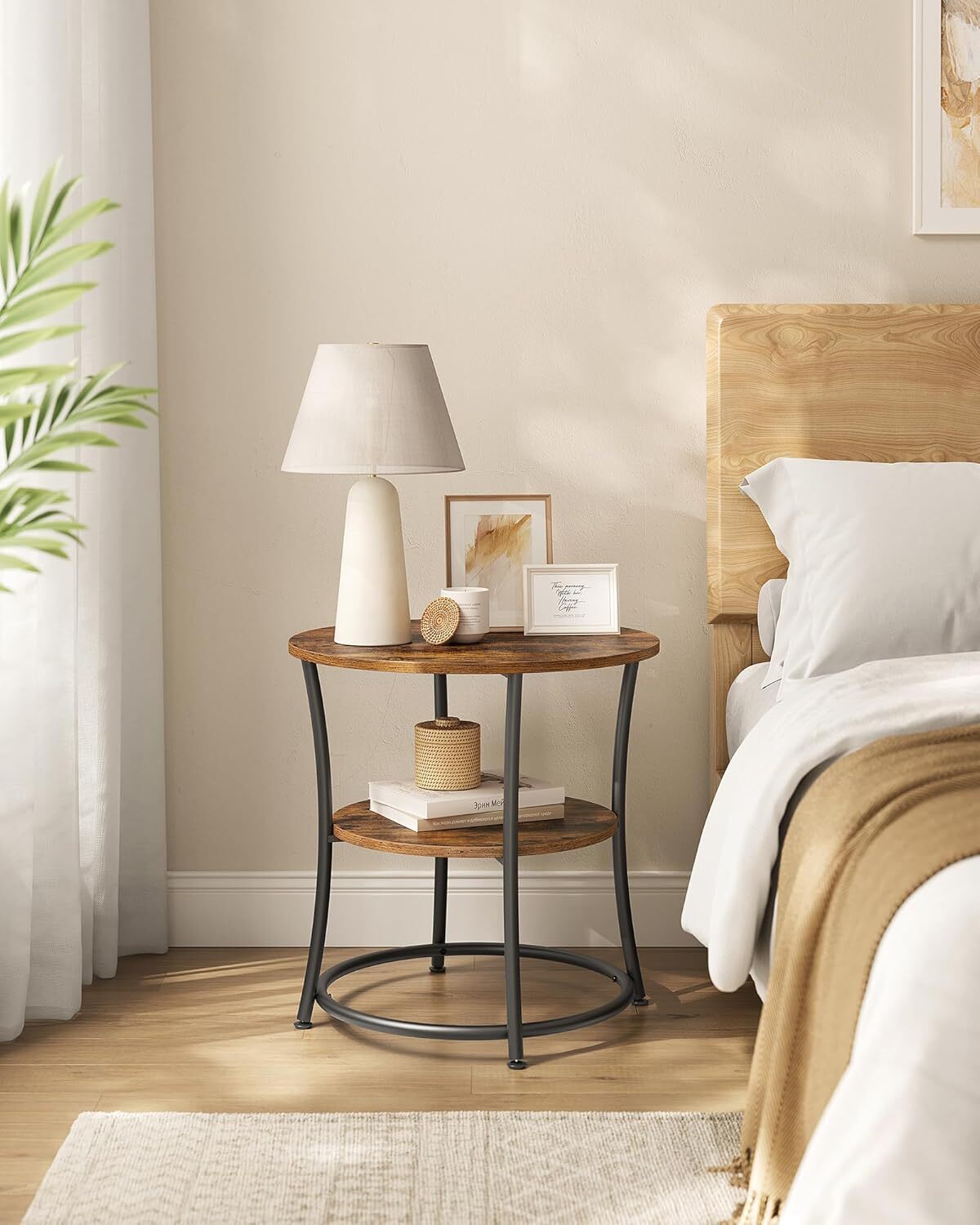 Side Table, Round Side Table with 2 Shelves, Rustic Brown and Ink Black