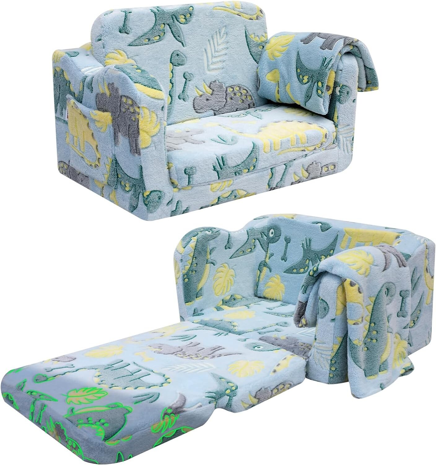 Folding Toddler Chair, Soft Plush Fold Out Kids Couch Sofa Glow in The Dark Blue