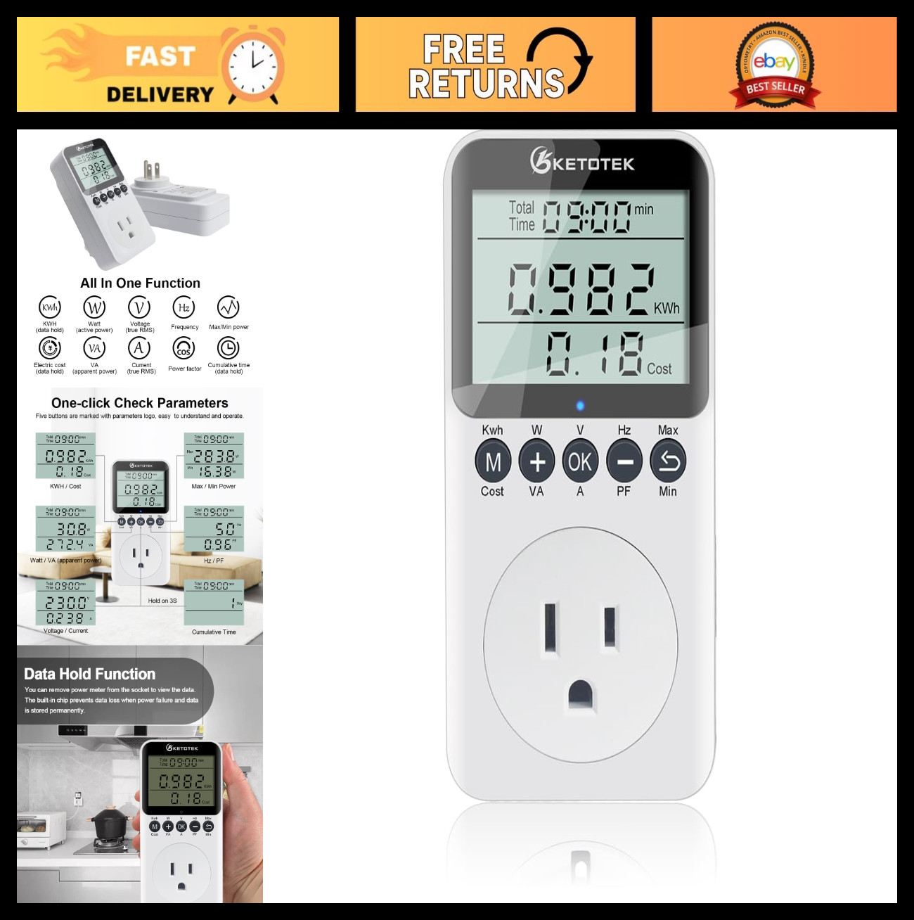 Electricity Usage Monitor Meter with LCD Display, Power Consumption & Overload P